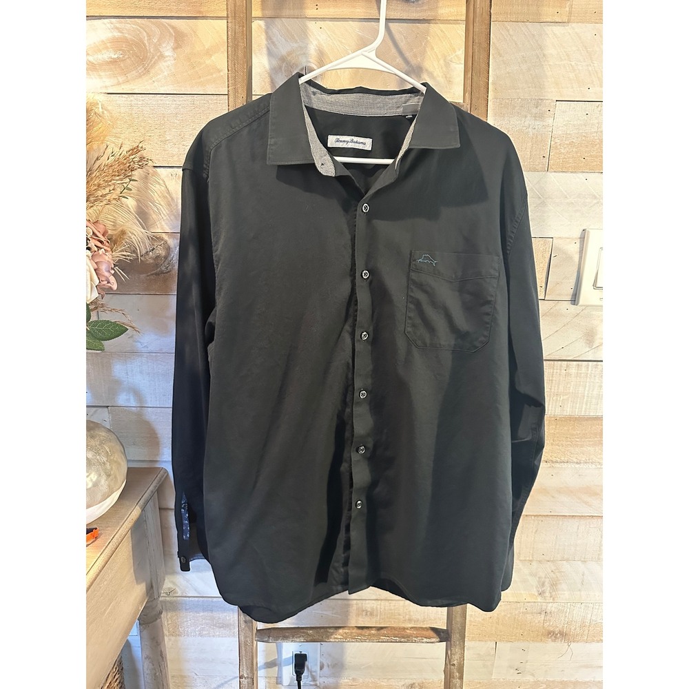 Tommy Bahama Mens Large Black Long Sleeve Button Down Shirt Marlin Logo Pocket